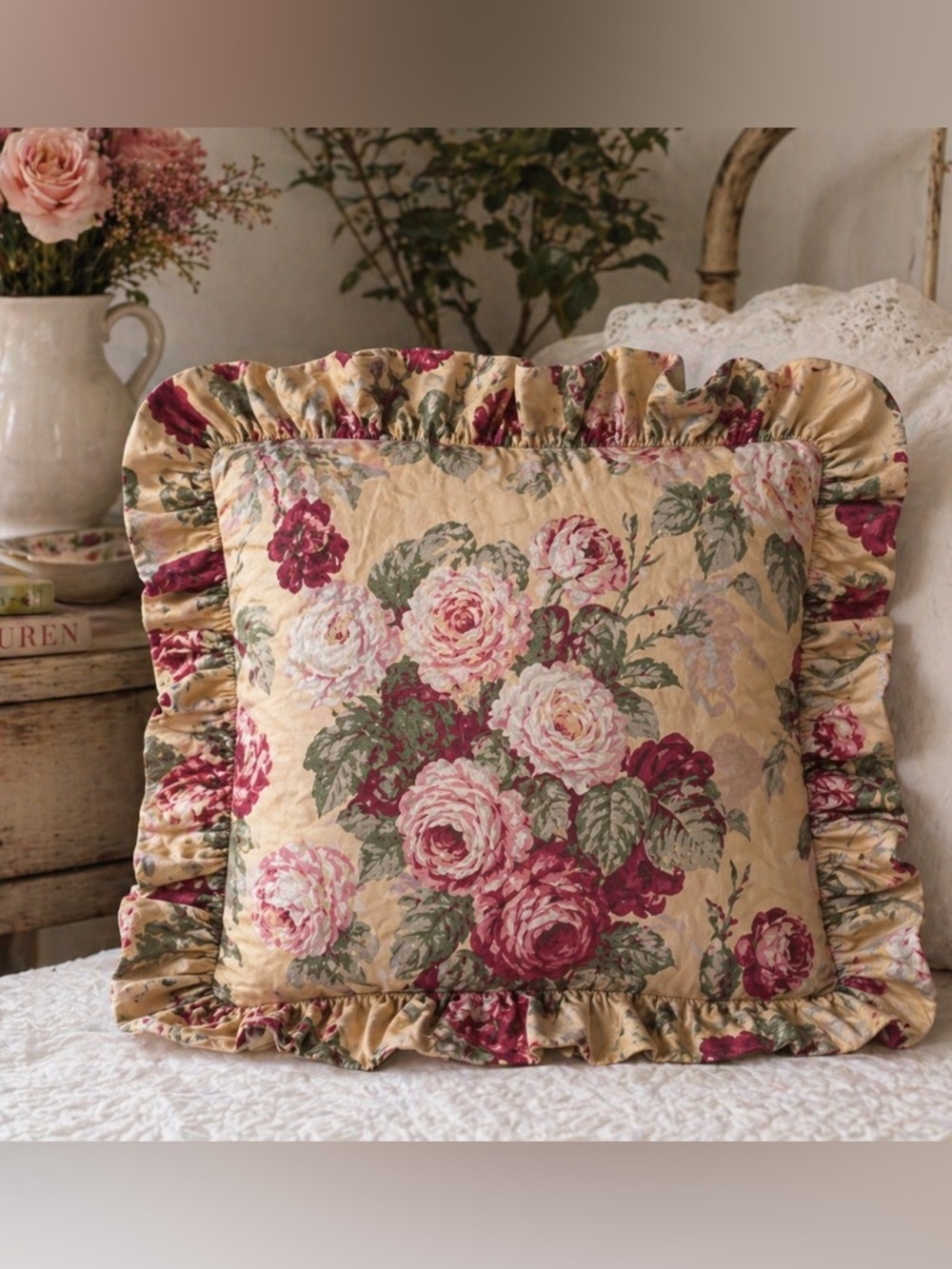 Ralph Lauren Kathleen Floral Ruffle Rose Pillow Cover 18” Square Cottagecore